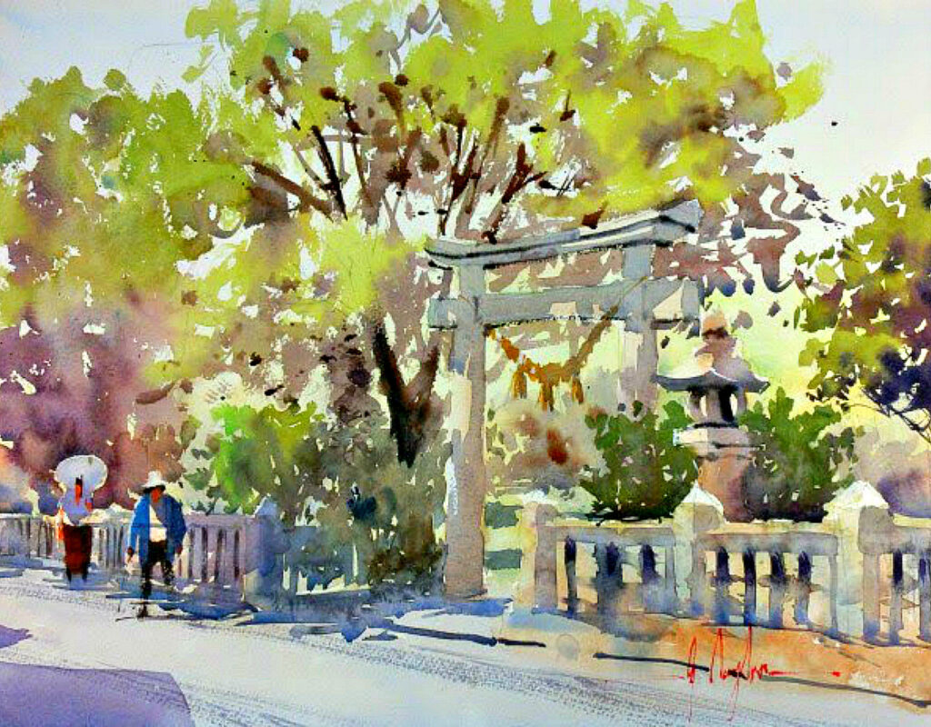 小さな神社の入り口の水彩画