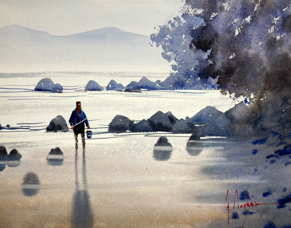 濡れたビーチを散歩する漁師の水彩画