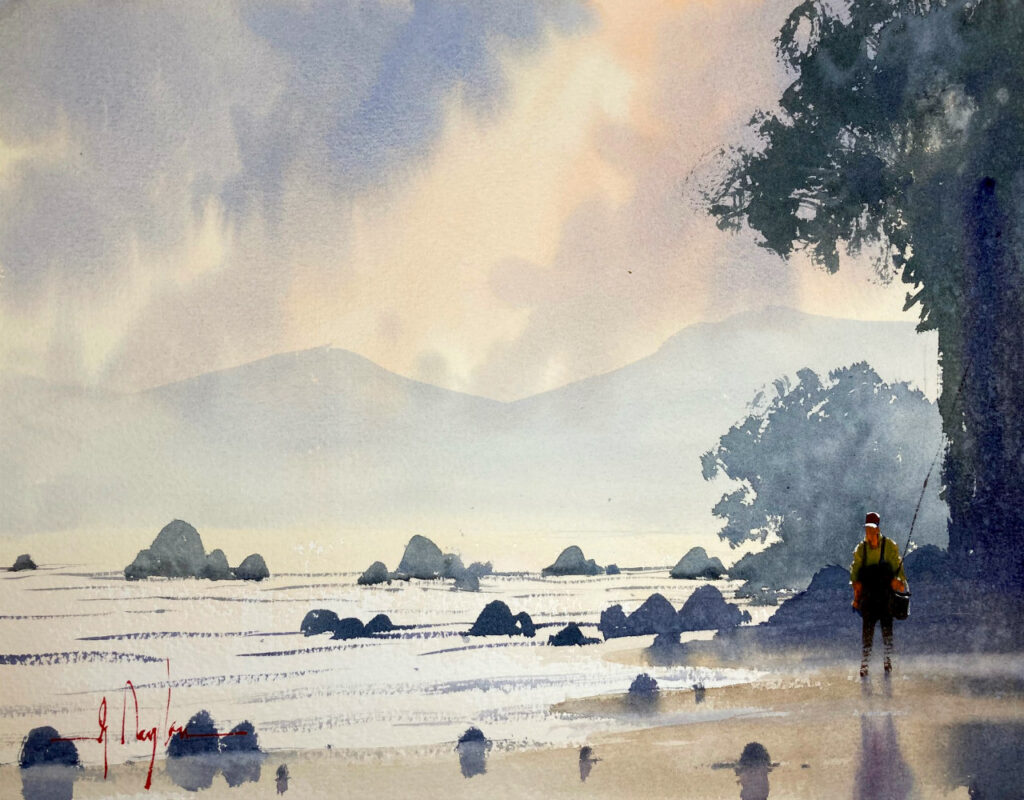 濡れたビーチを散歩する男の水彩画