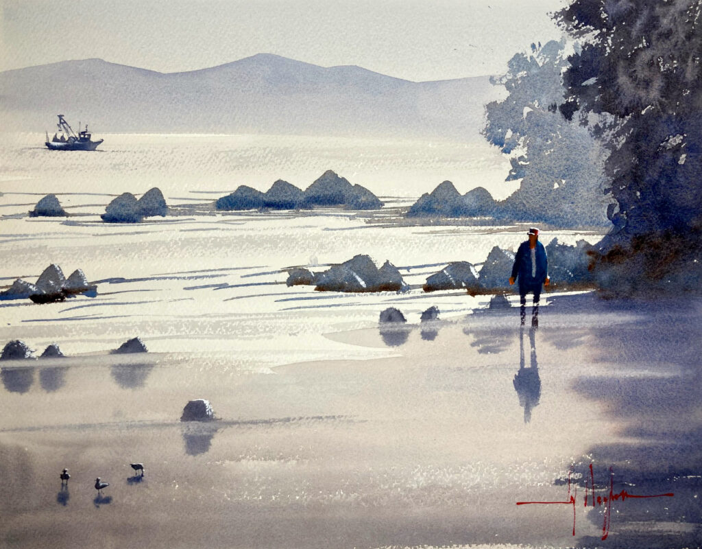 銀色の濡れたビーチを散歩する漁師の水彩画