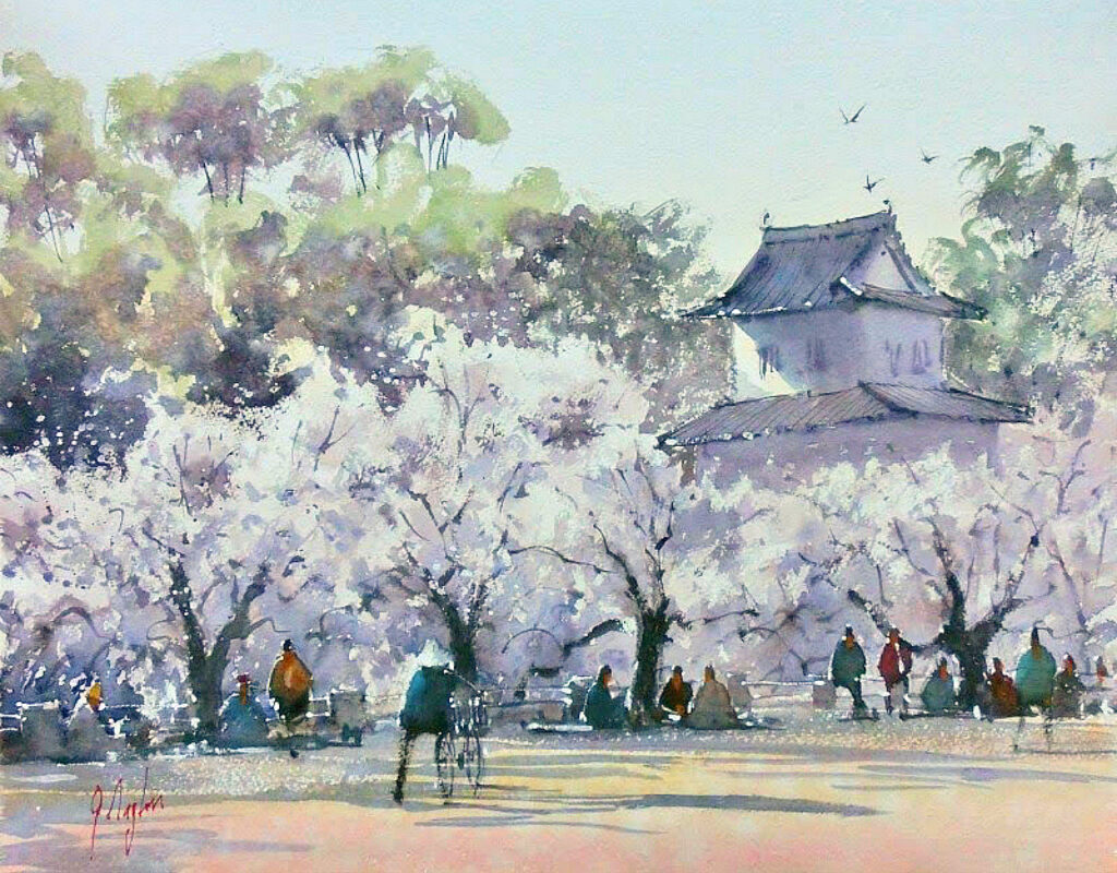 桜の木の下でピクニックをしている人々の水彩画