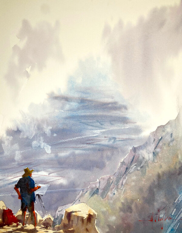 山の頂上に絵を描く画家ー水彩画